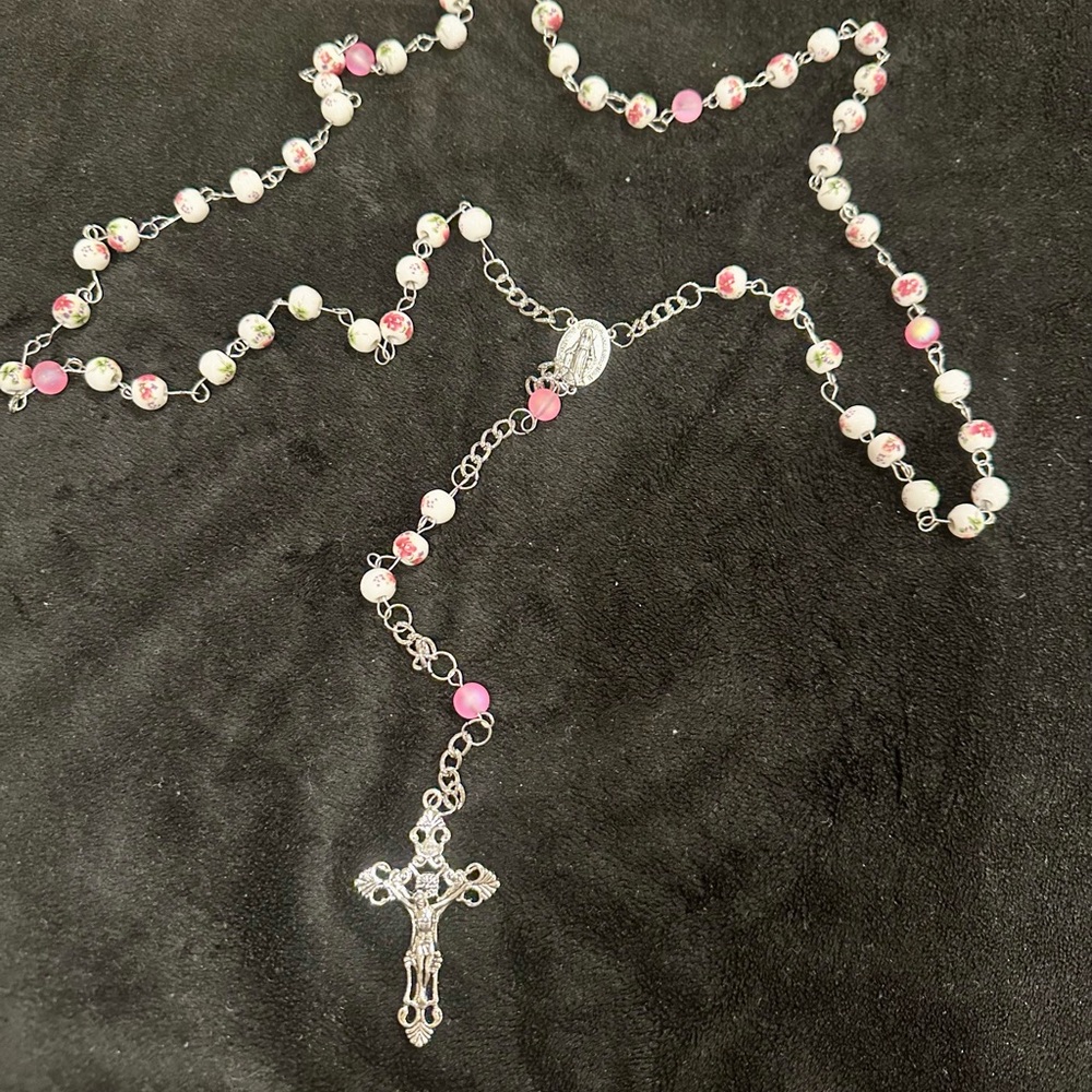 Hand Beaded Elegant Silver and Pink Floral Rosary